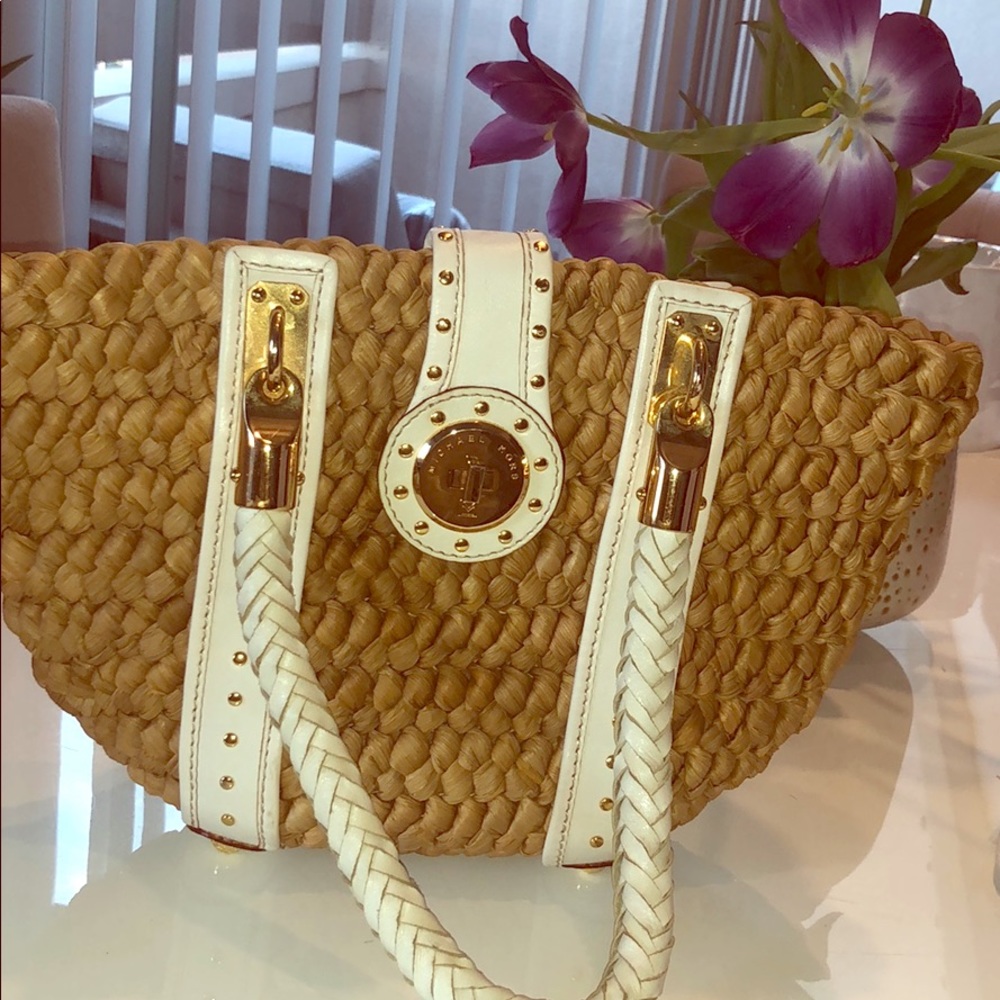Michael Kors Woven Raffia Tote with Gold Detail